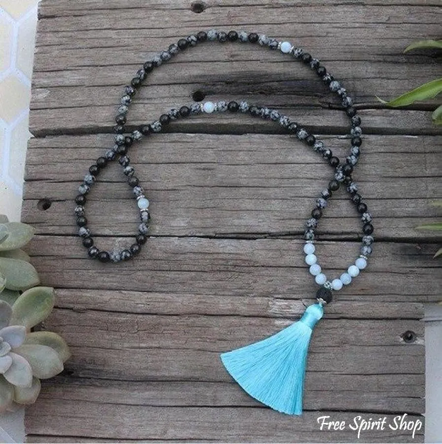 108 Natural Obsidian Snowflake, Aquamarine & Lava Stone Mala Prayer Beads
