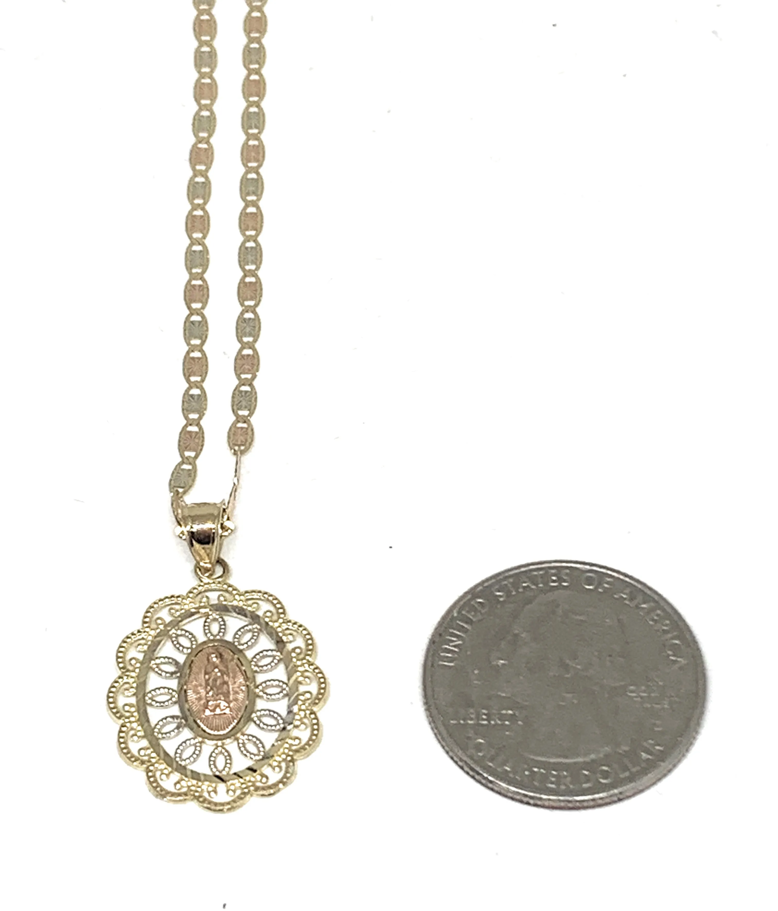 10k Solid Gold Tri-Color Virrgin Mary Filigran Pendant Virrgen Guadalupe Necklace