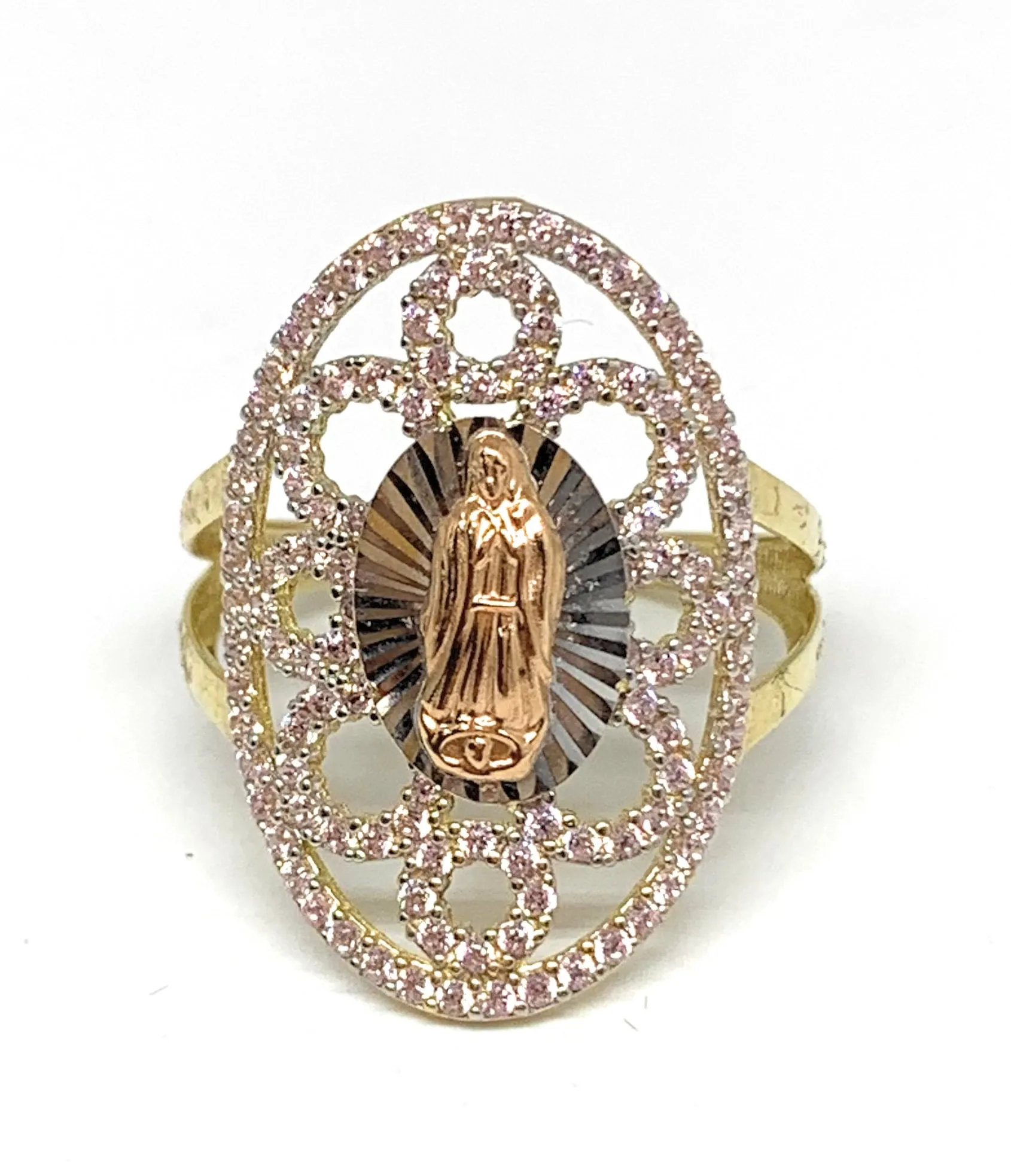 14k Solid Gold Tri-Color Virrgin Mary Pink CZ Fancy Ring