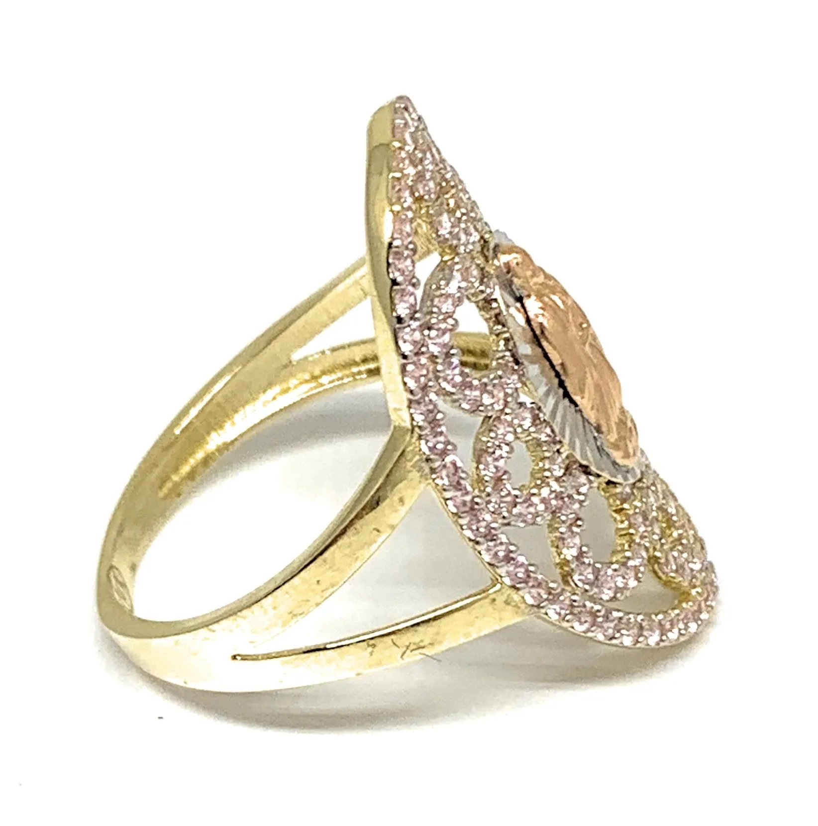 14k Solid Gold Tri-Color Virrgin Mary Pink CZ Fancy Ring