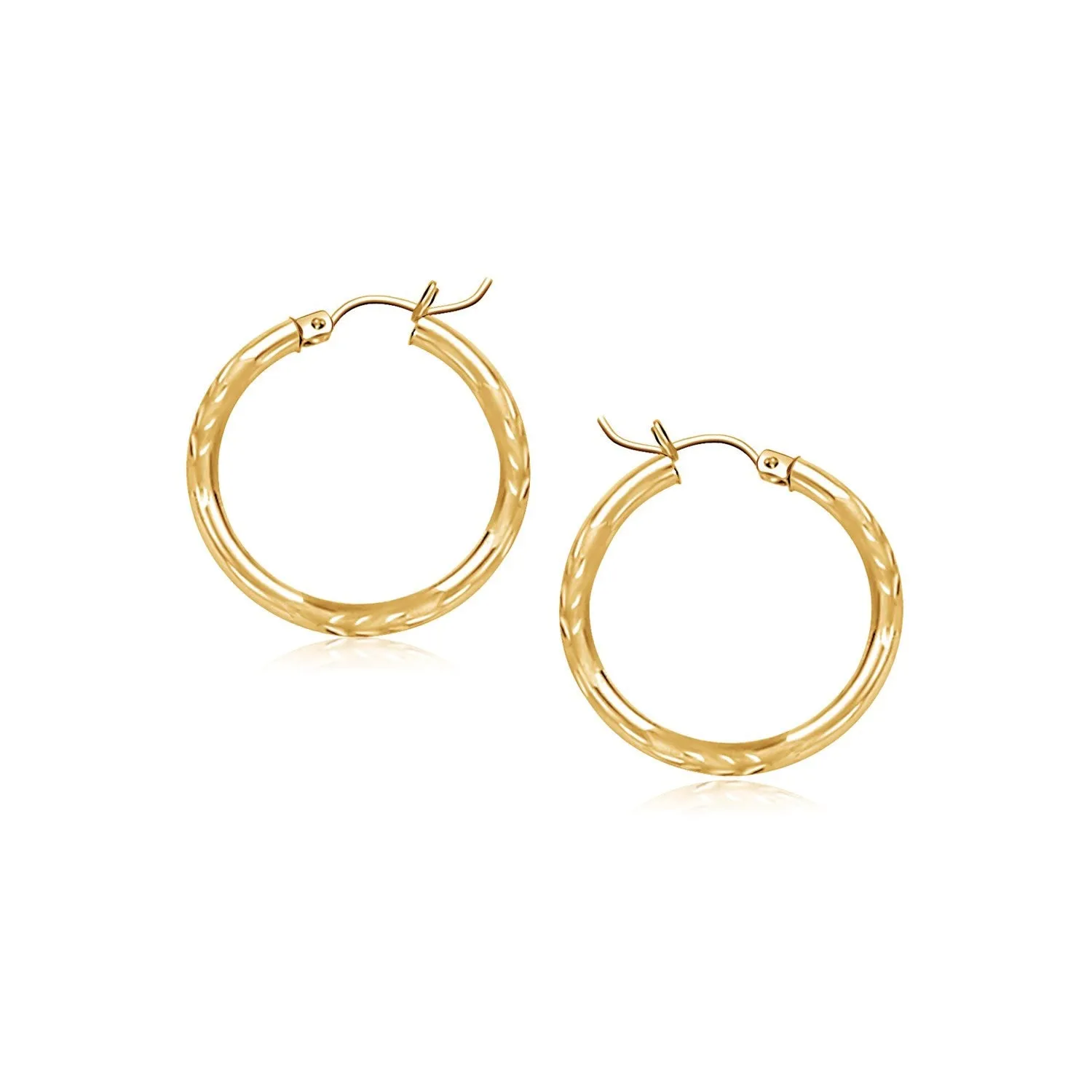 14k Yellow Gold Fancy Diamond Cut Slender Small Hoop Earrings (15mm Diameter)-rx65776