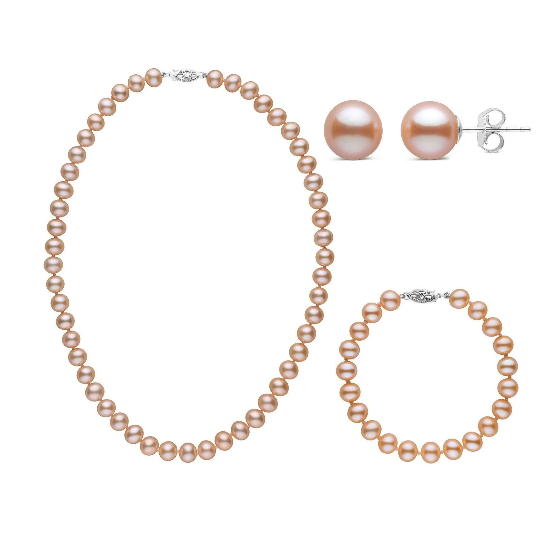 16 Inch 3 Piece Set of 7.5-8.0 mm AA+ Pink Freshwater Pearls