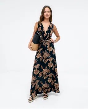 711- Maxi Dress with V-Neck- Black Floral- Surkana