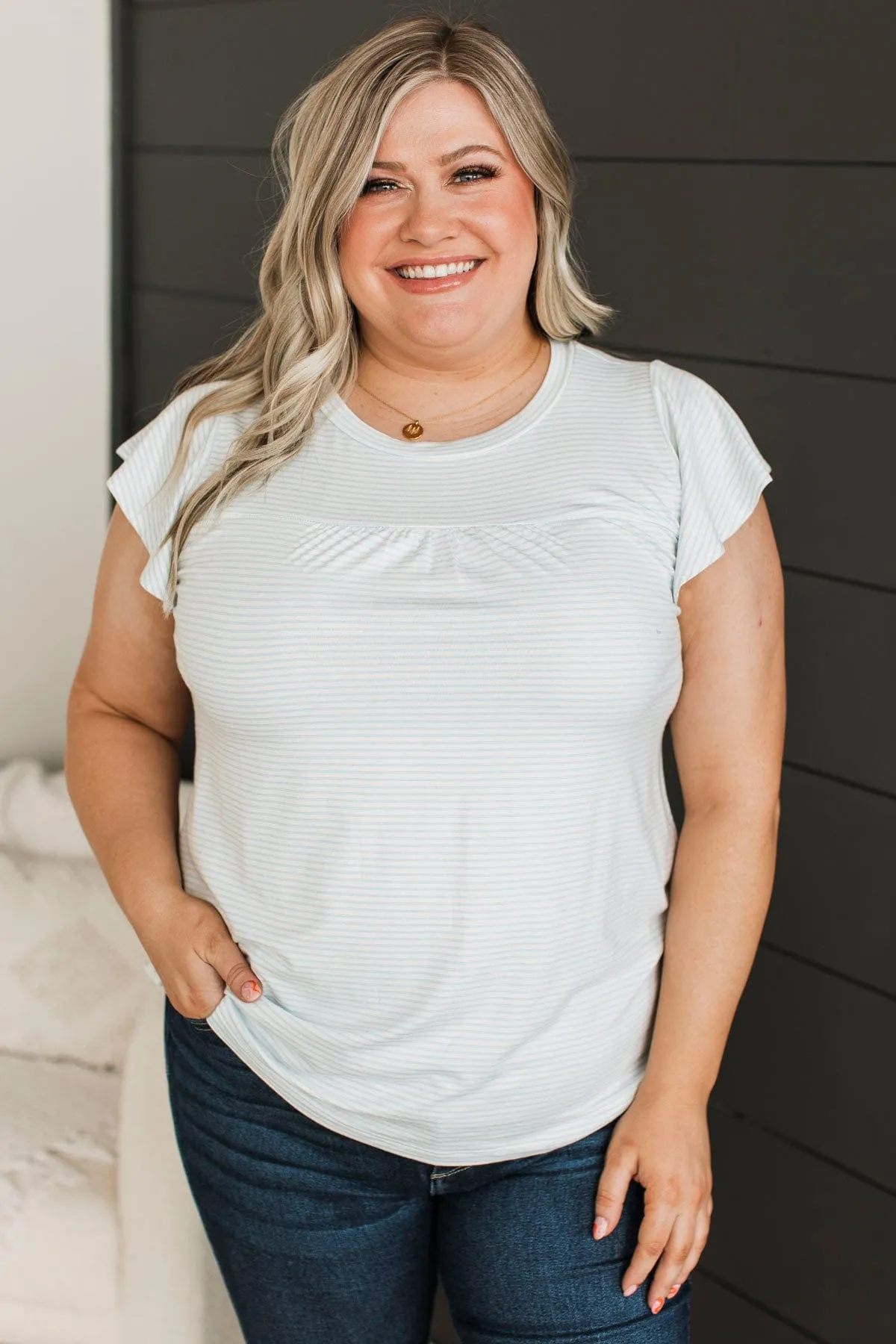 All Dolled Up Striped Top- Ivory & Blue