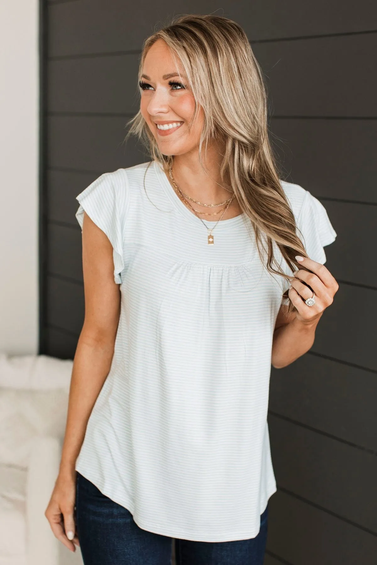 All Dolled Up Striped Top- Ivory & Blue