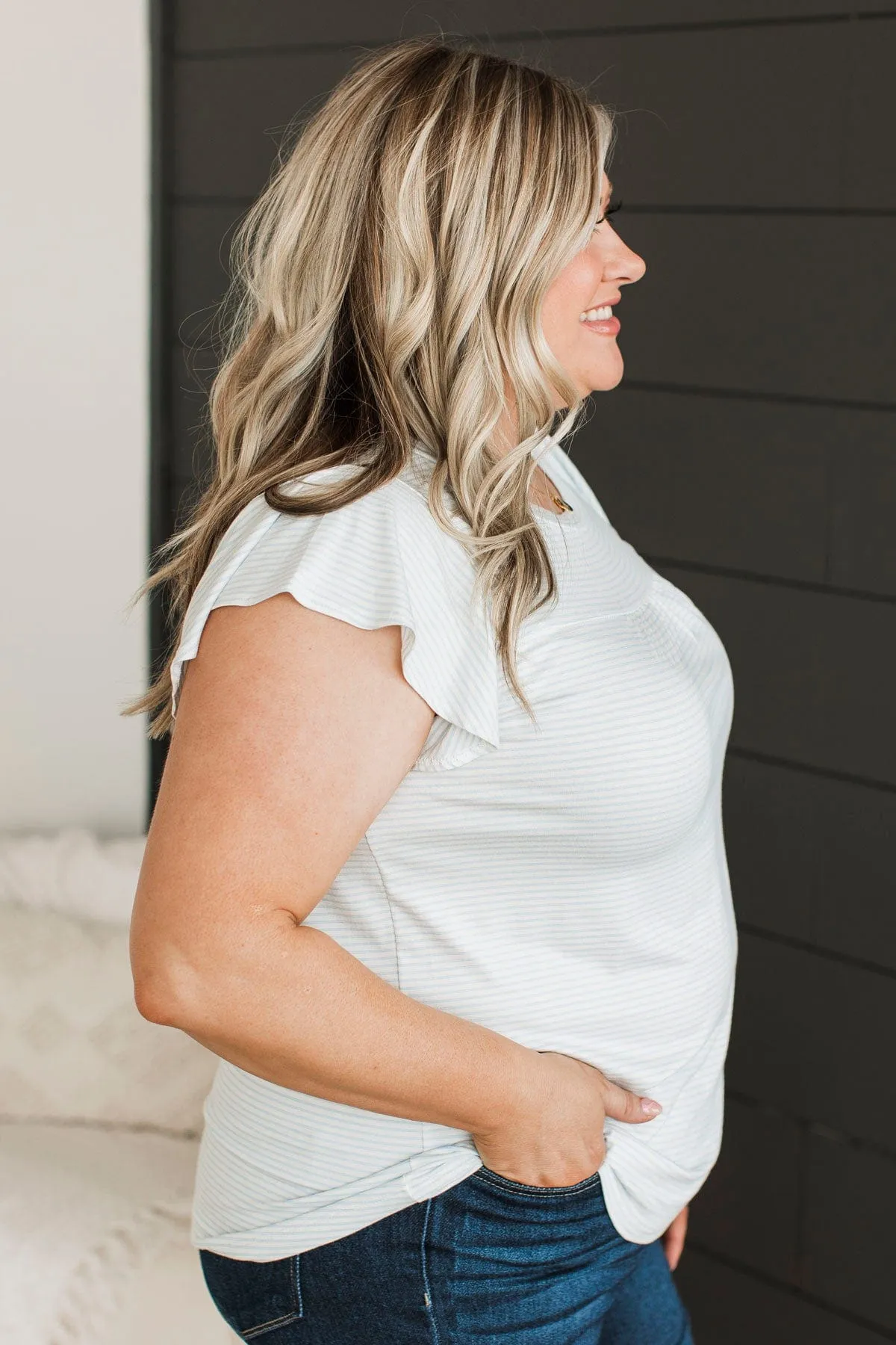 All Dolled Up Striped Top- Ivory & Blue