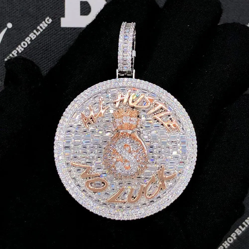 All Hustle No Luck VVS CZ Hip Hop Baguette Iced Out Pendant