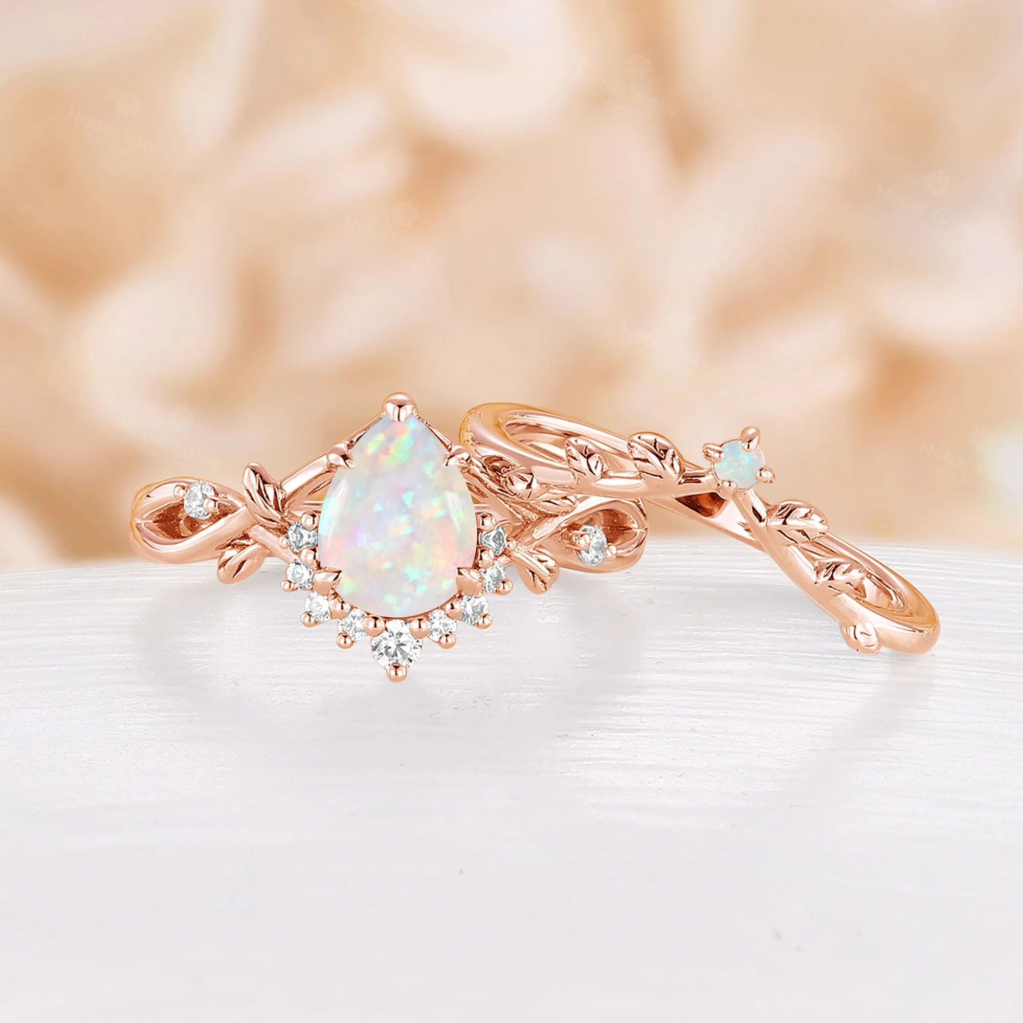 All White Opal Pear Cut Engagement Ring Set Leaf Nature Inspired