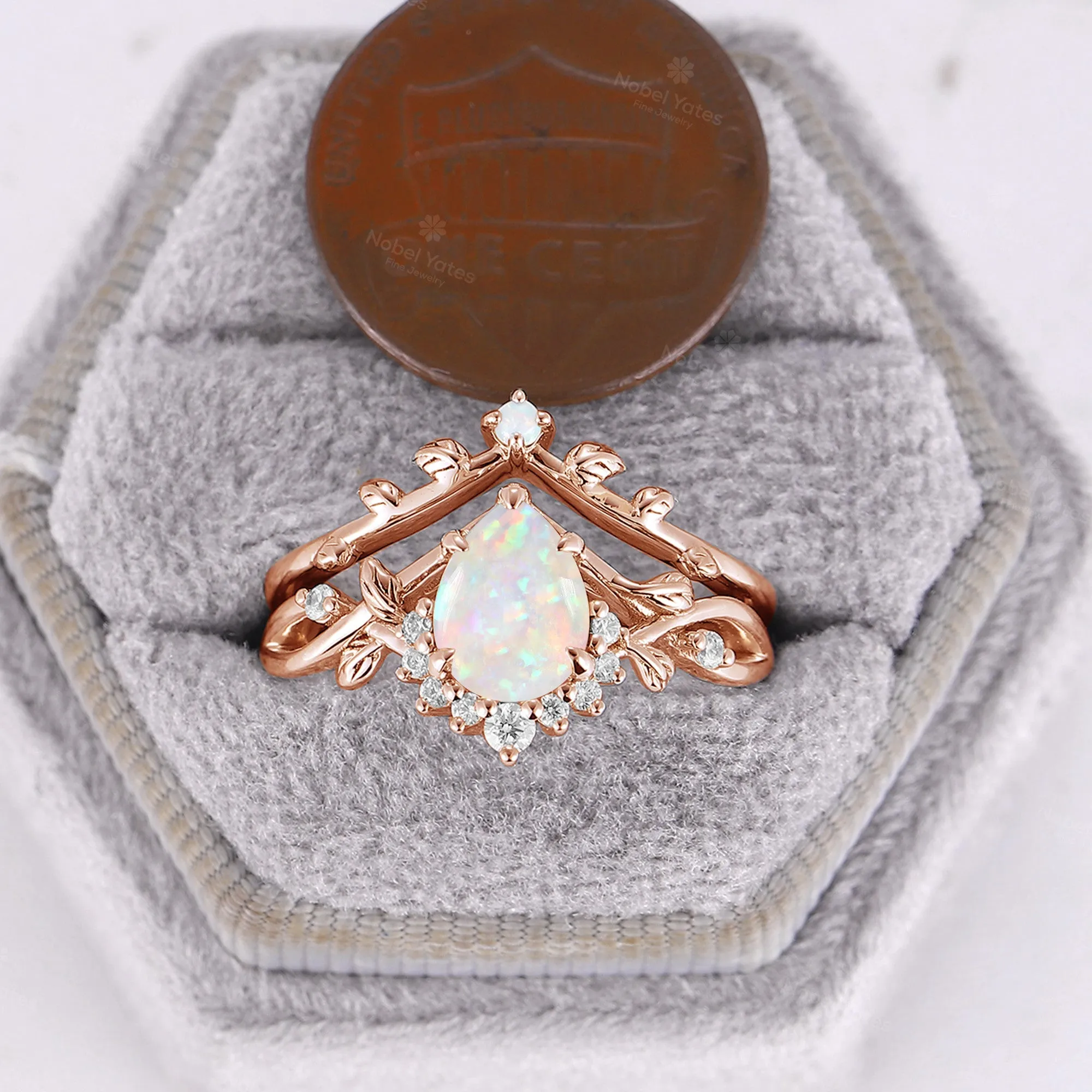 All White Opal Pear Cut Engagement Ring Set Leaf Nature Inspired