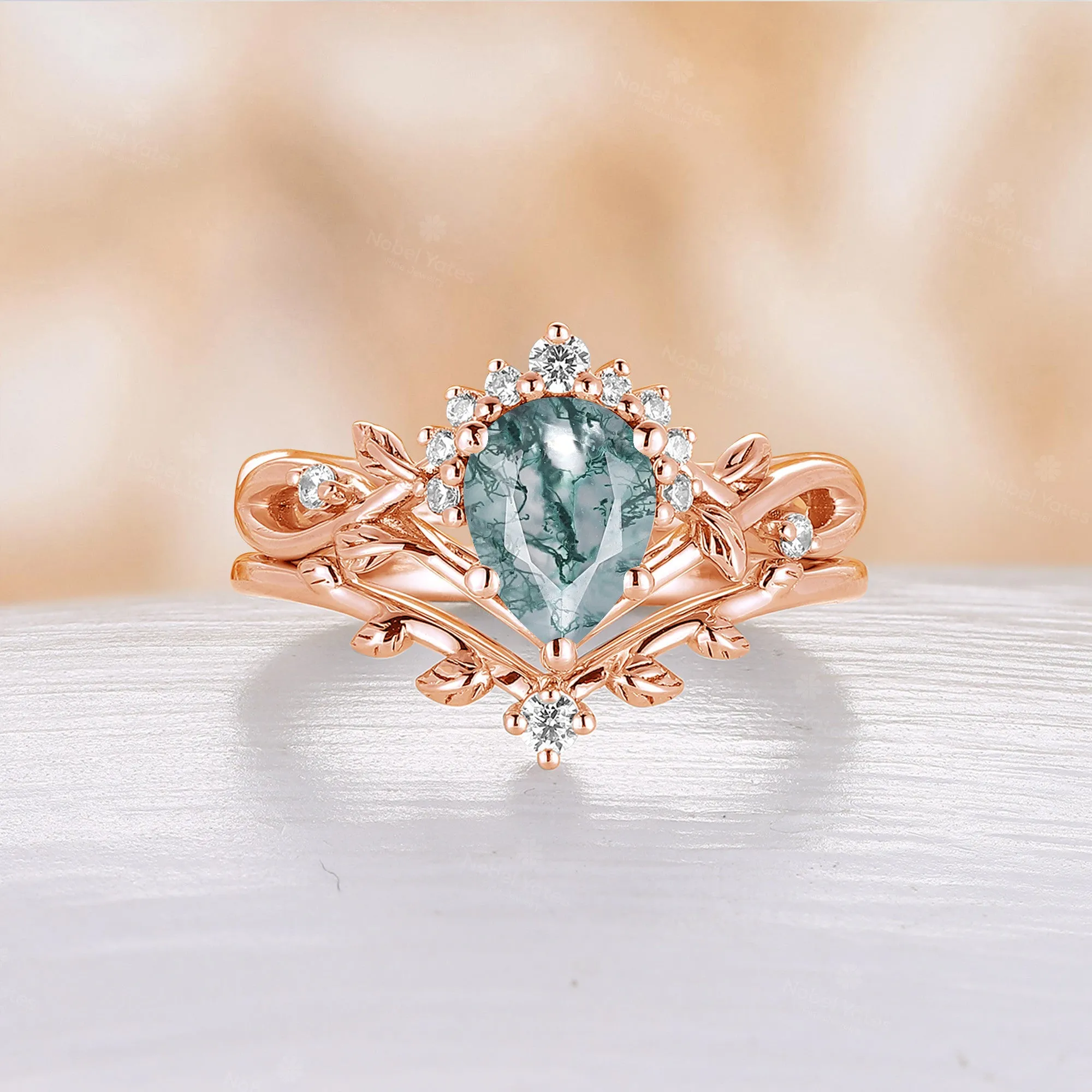 All White Opal Pear Cut Engagement Ring Set Leaf Nature Inspired