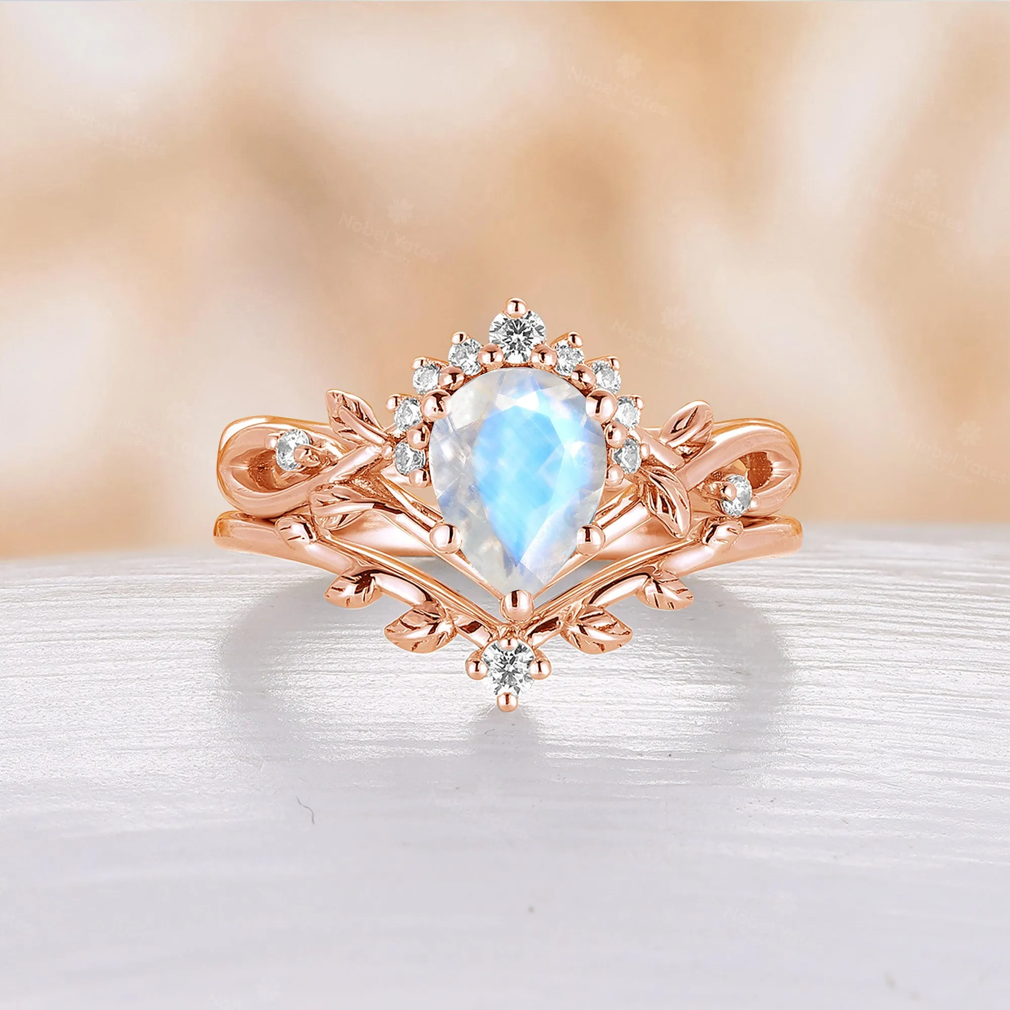 All White Opal Pear Cut Engagement Ring Set Leaf Nature Inspired