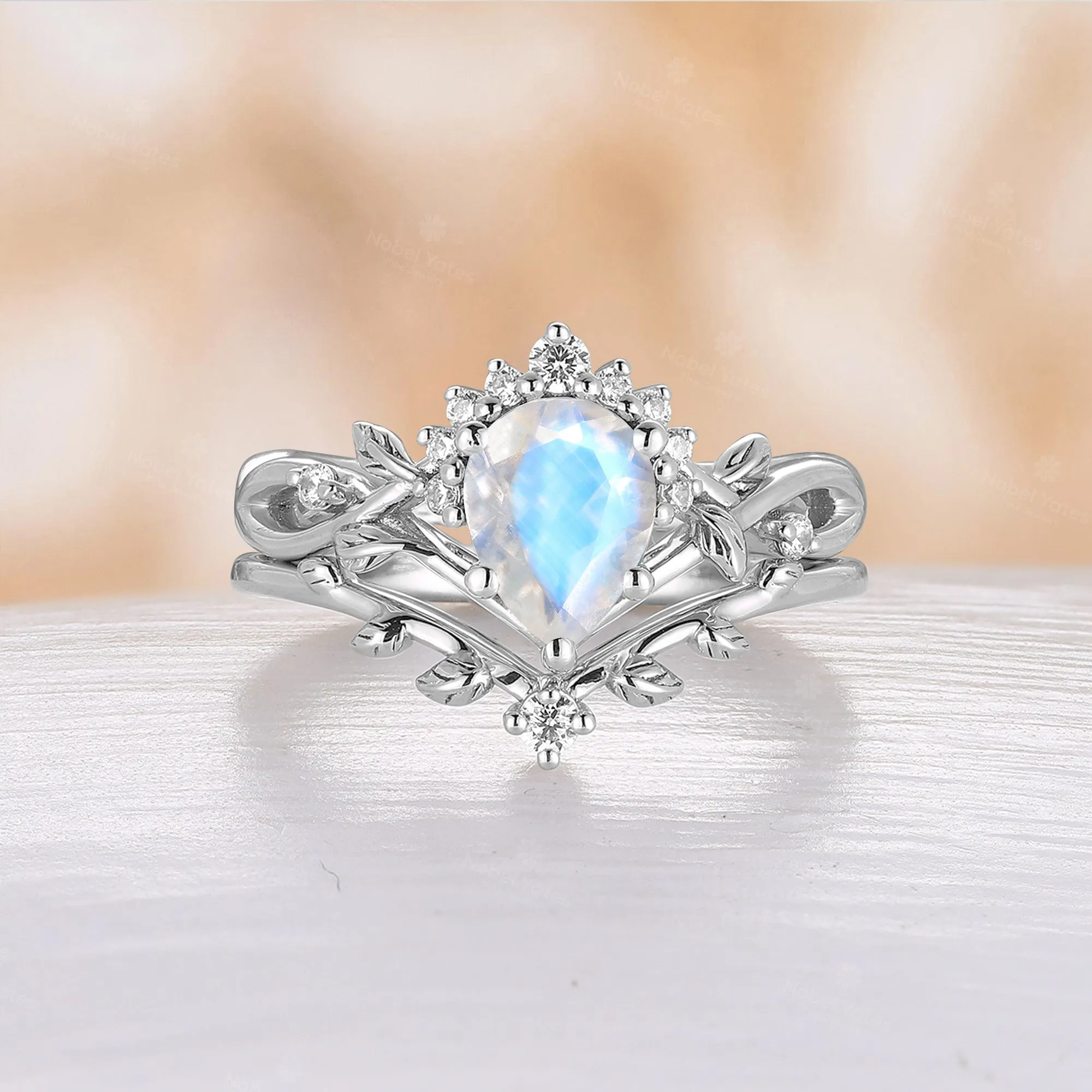 All White Opal Pear Cut Engagement Ring Set Leaf Nature Inspired