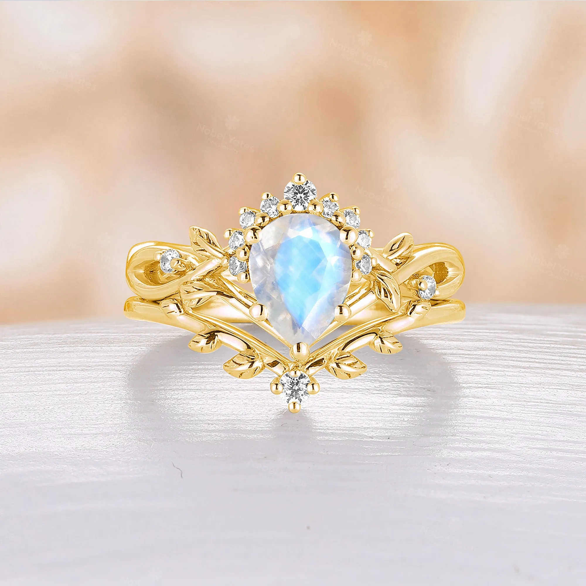 All White Opal Pear Cut Engagement Ring Set Leaf Nature Inspired