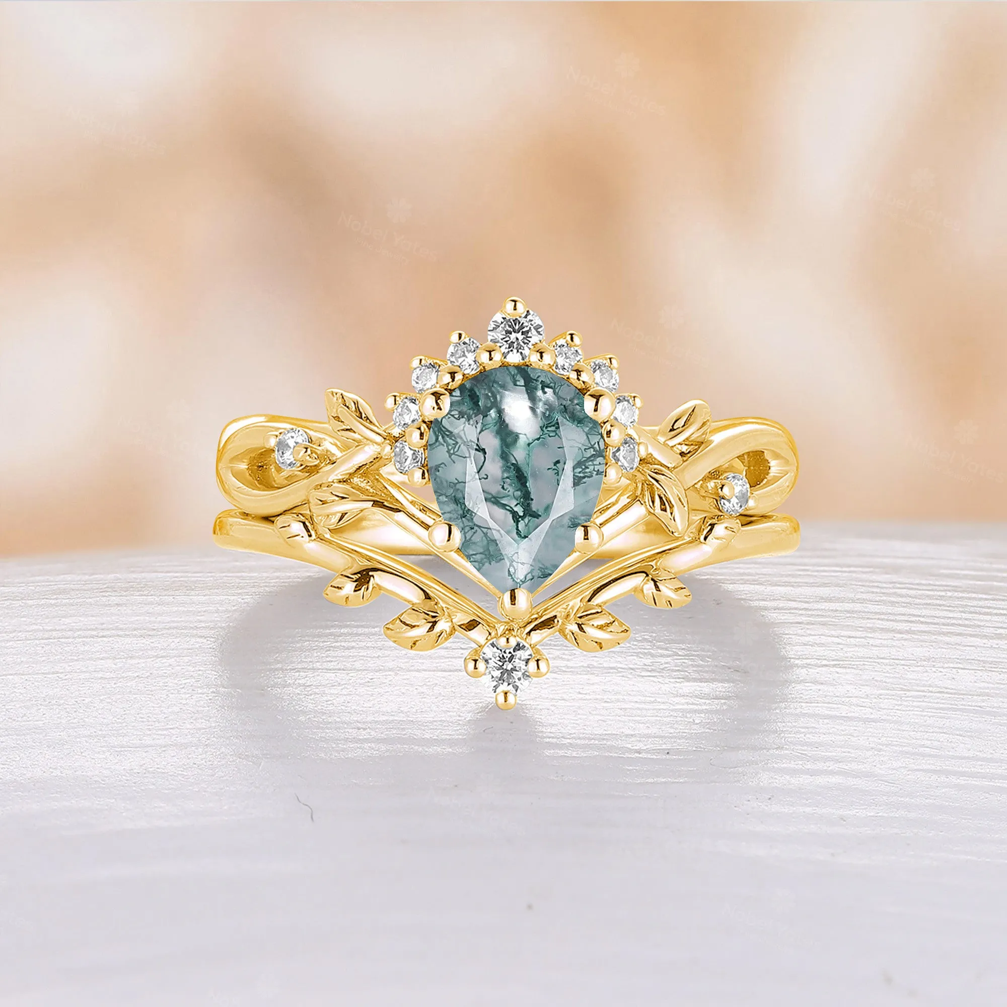 All White Opal Pear Cut Engagement Ring Set Leaf Nature Inspired