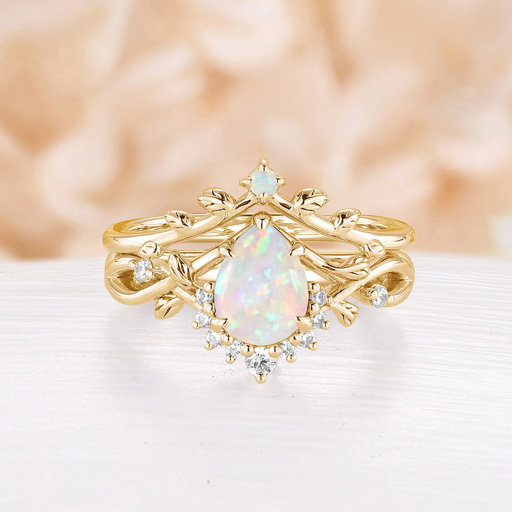 All White Opal Pear Cut Engagement Ring Set Leaf Nature Inspired