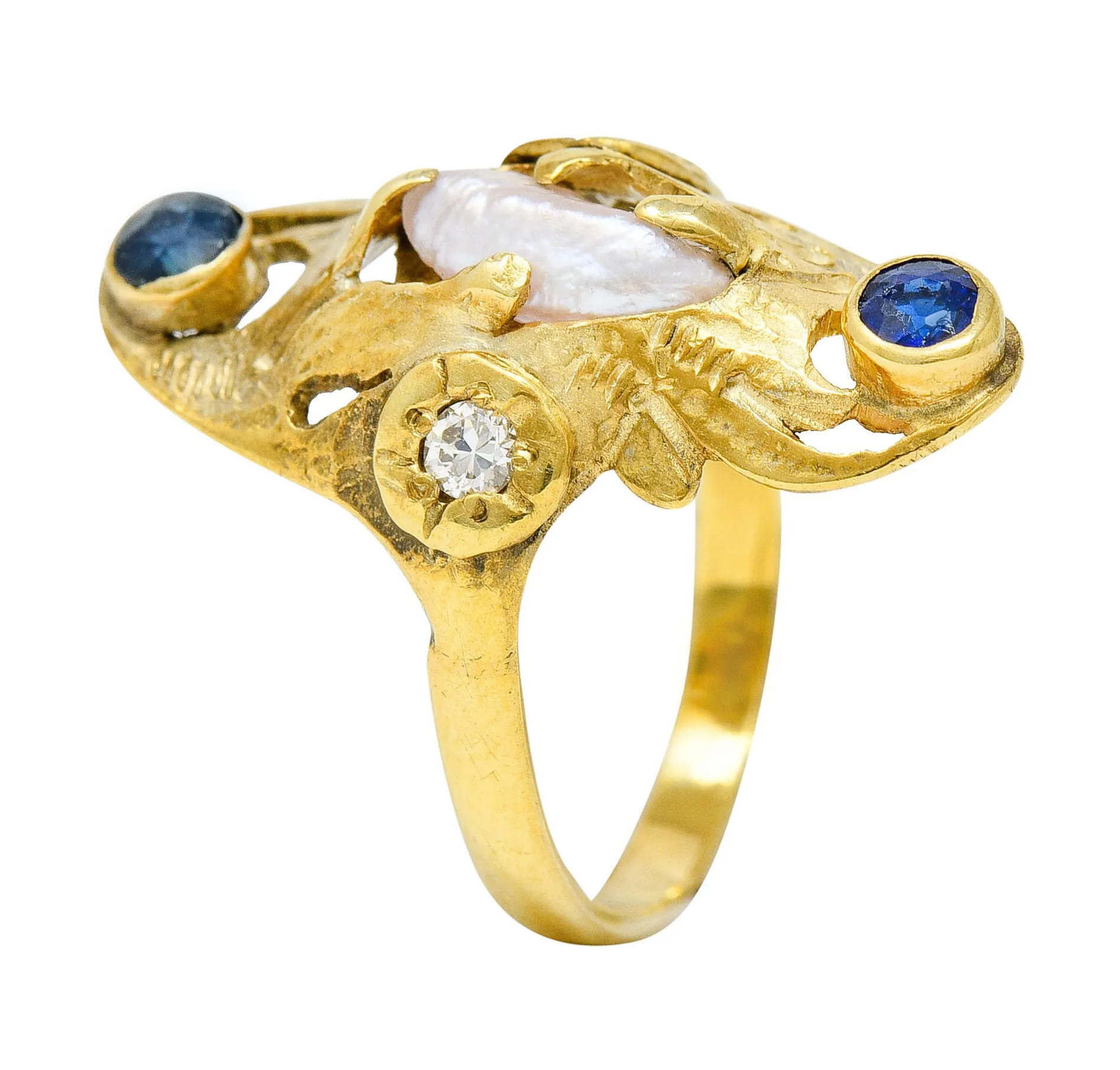 Art Nouveau Diamond Sapphire Pearl 14 Karat Gold Ring