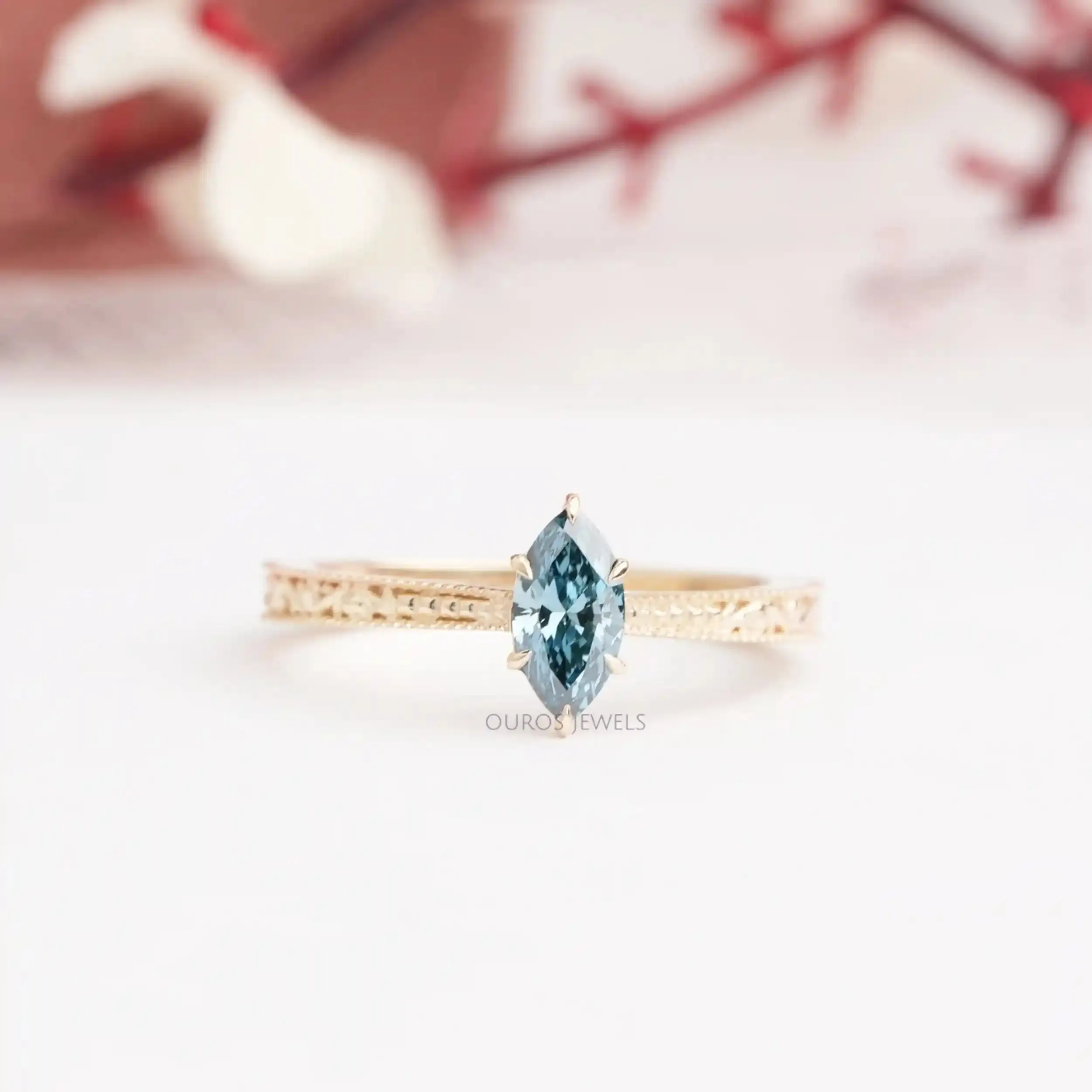 Blue Marquise Cut Lab Diamond Filigree Solitaire Engagement Ring