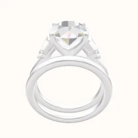 Cathedral Band Trapezoid & Round Sidestones Engagement Ring With Four Prong Head and Matching Band