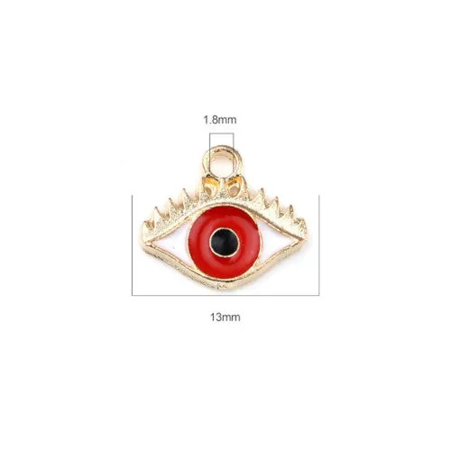 Charms, Evil Eye, Red, Enameled, Gold Plated, Alloy, 13mm