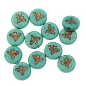 Czech Glass Beads, Pressed Coin with Bee 12mm, Turquoise Opaque with Dark Bronze Wash, by Raven's Journey (1 Strand)