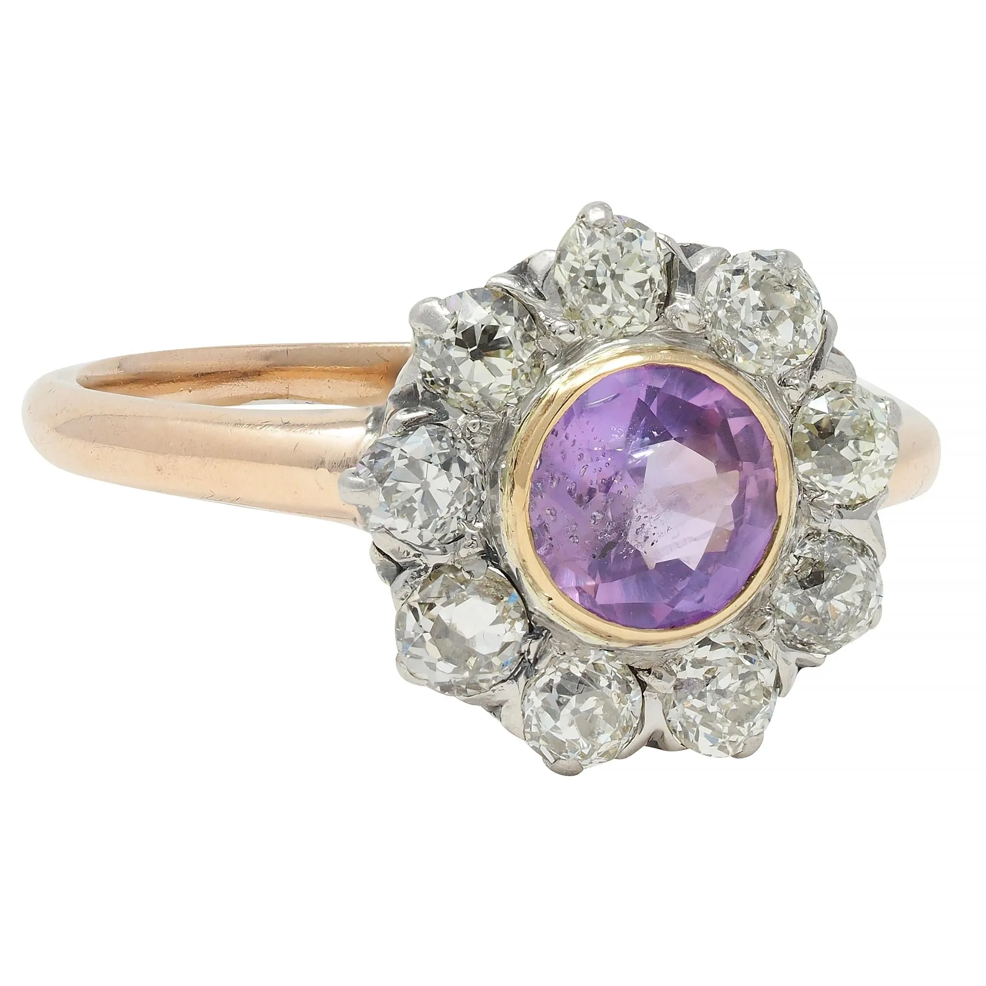 Edwardian Pink Sapphire Diamond Platinum 18 Karat Gold Antique Halo Cluster Ring