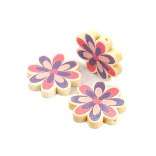 Flower Wood Beads, Printed, Pink, Purple, 29mm