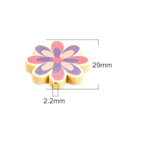 Flower Wood Beads, Printed, Pink, Purple, 29mm