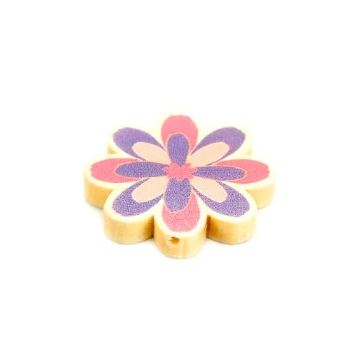 Flower Wood Beads, Printed, Pink, Purple, 29mm