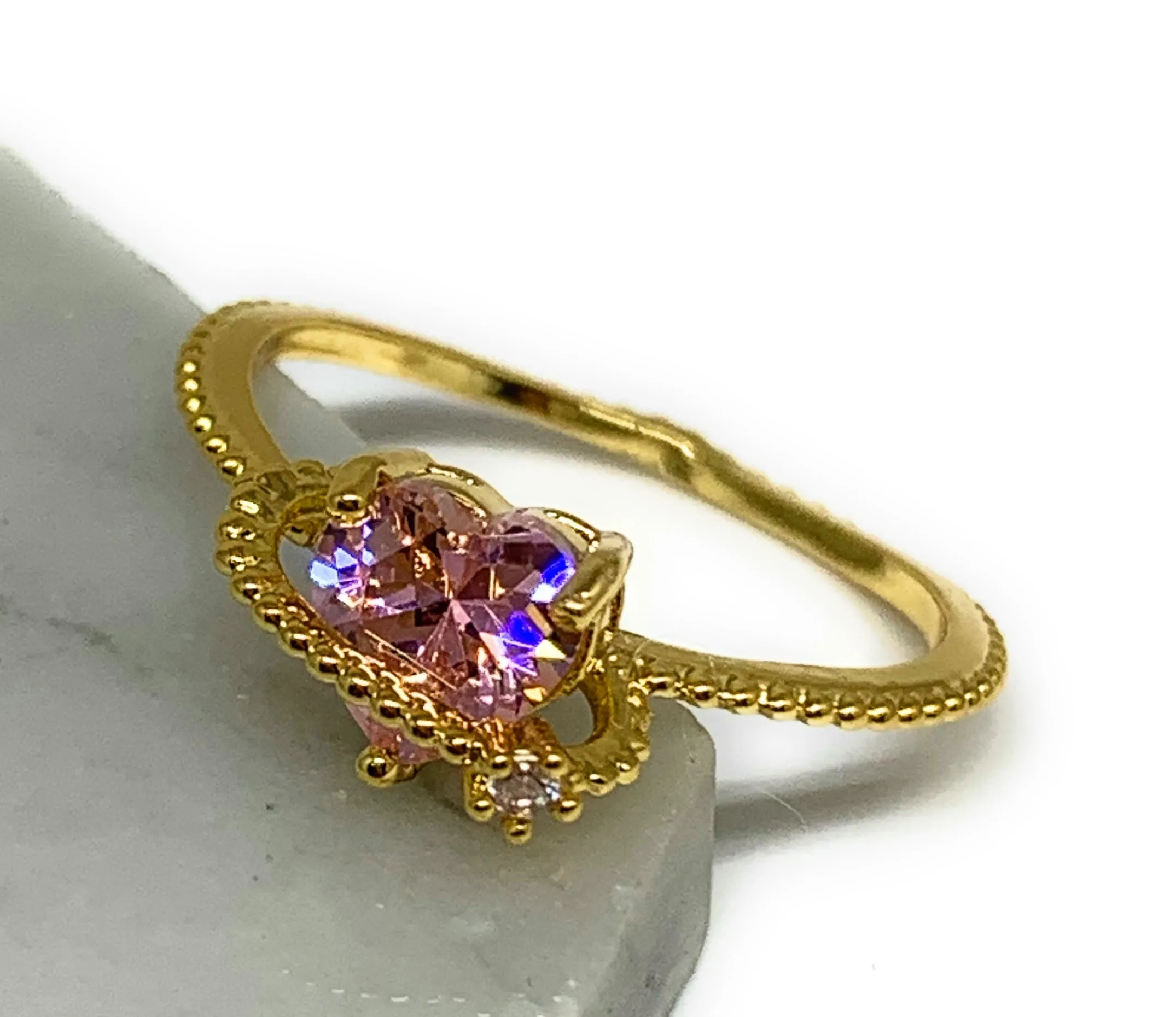 Gold Plated Dainty Pink CZ Heart + Star Ring Anillo