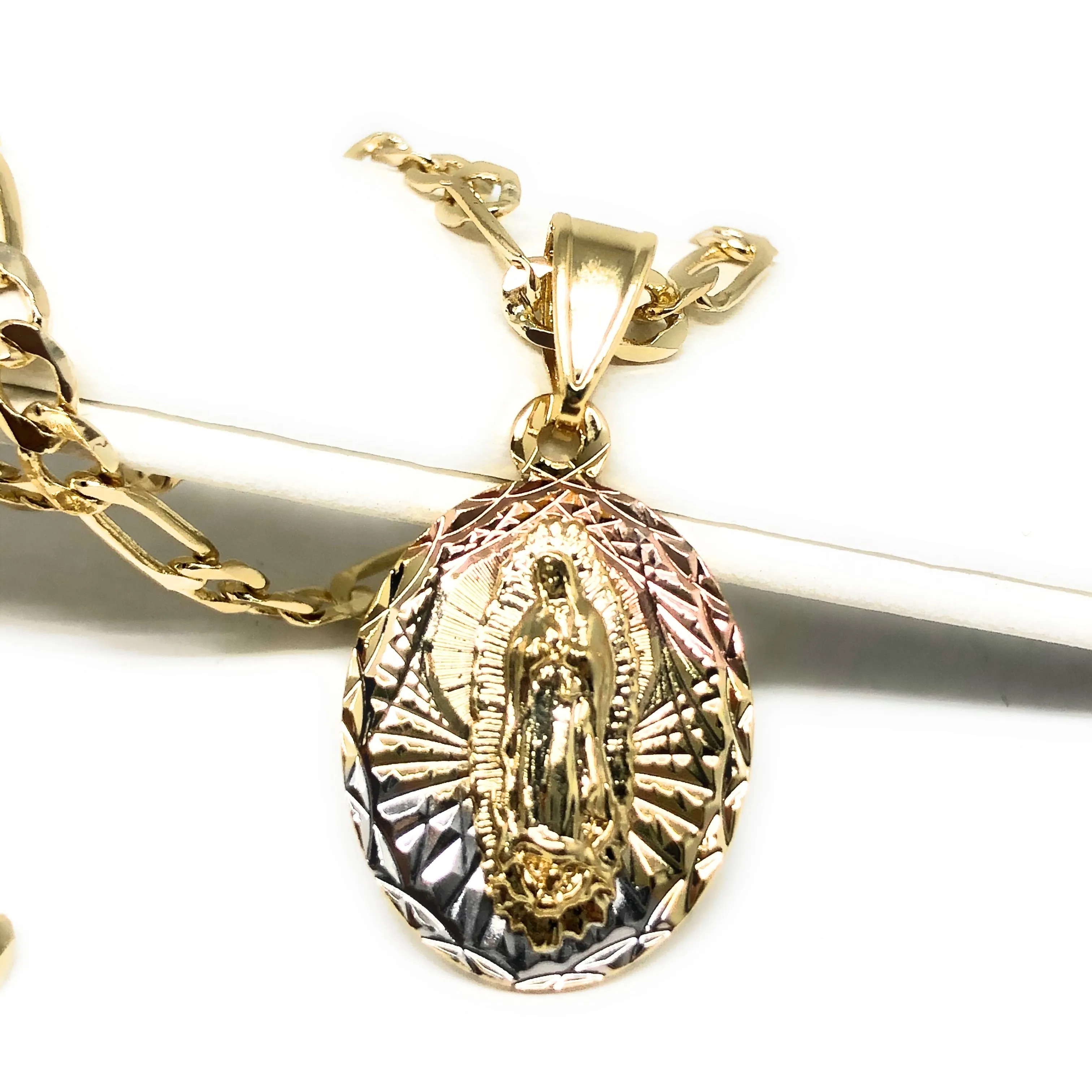 Gold Plated Tri-Color Virgin Mary Pendant Necklace 24 Virgen De Guadalupe Medalla Tres Colores