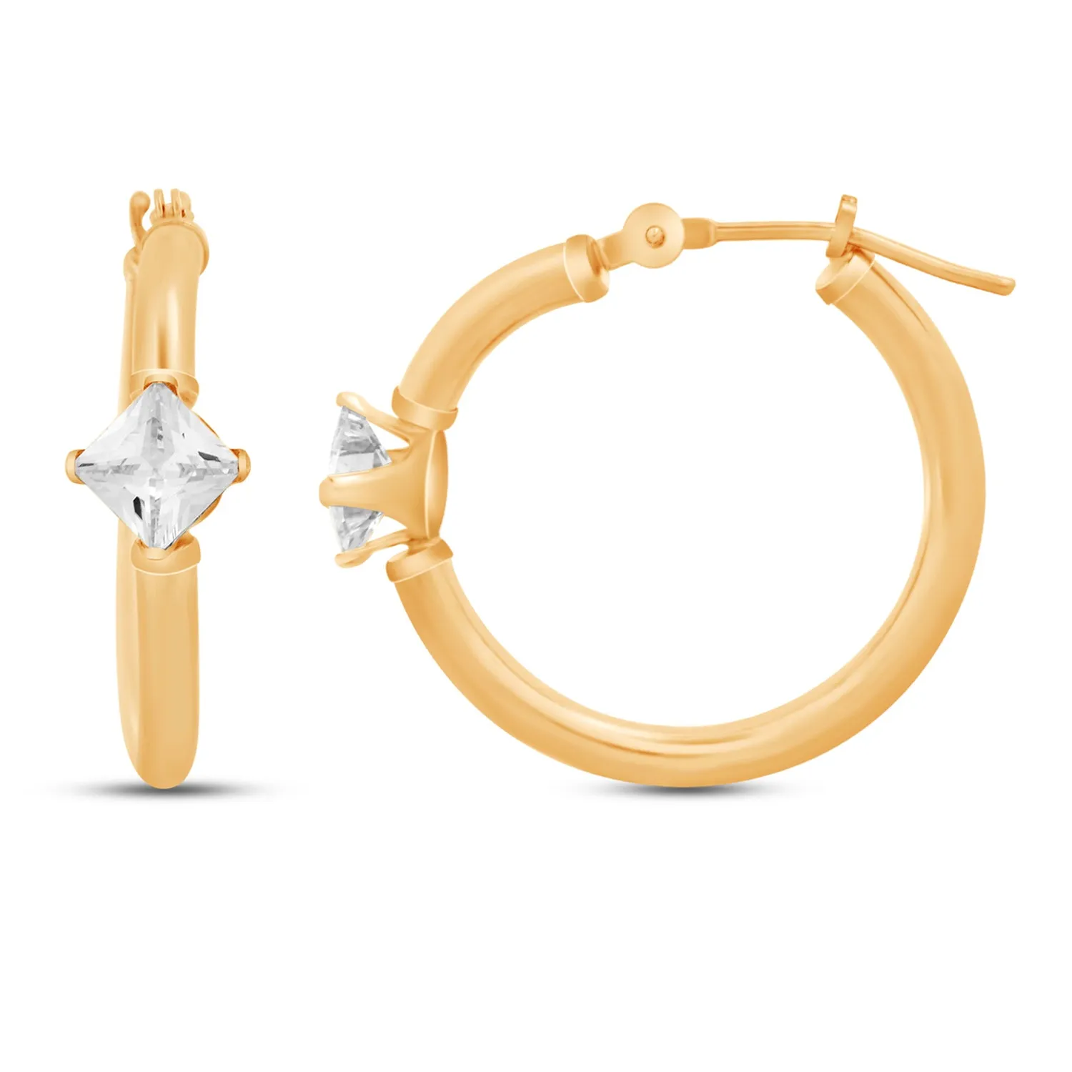Jewelili 10K Yellow Gold Square Shape White Cubic Zirconia Hoop Earrings