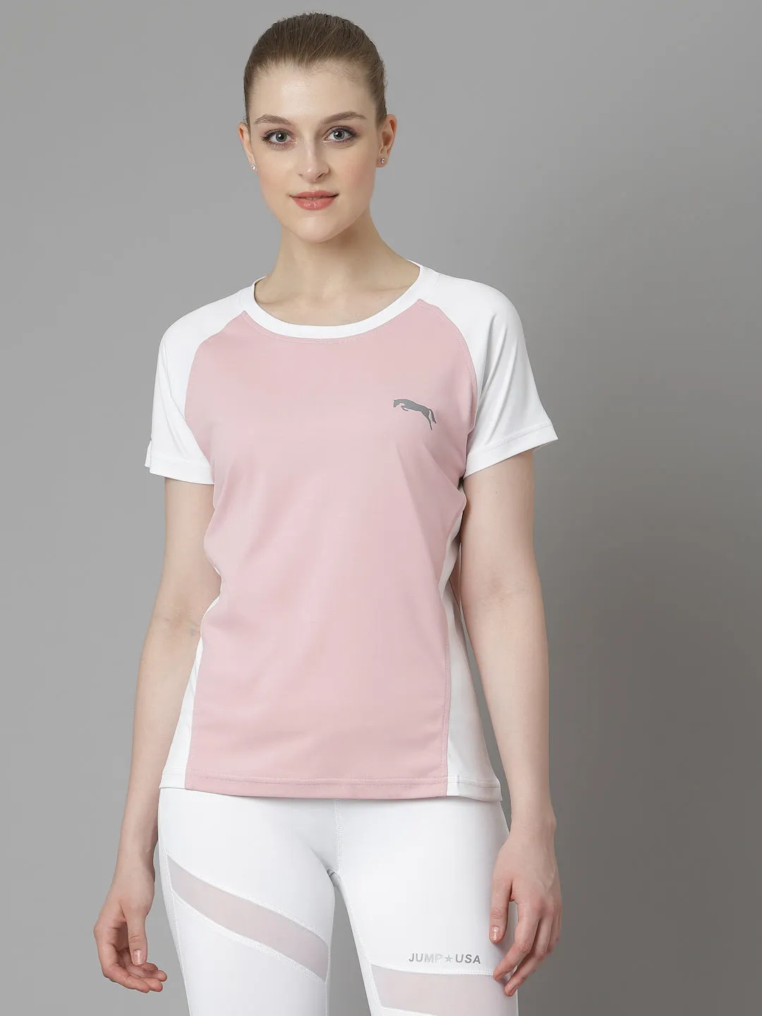 JUMP USA Women Pink White Polyester T-shirt