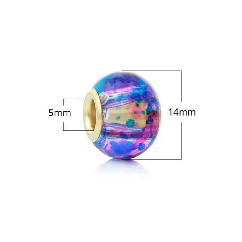 Large Hole Glass Beads, Blue, Pink, Mottled, Gold Plated Core, Rondelle, 14x11mm