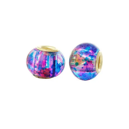 Large Hole Glass Beads, Blue, Pink, Mottled, Gold Plated Core, Rondelle, 14x11mm