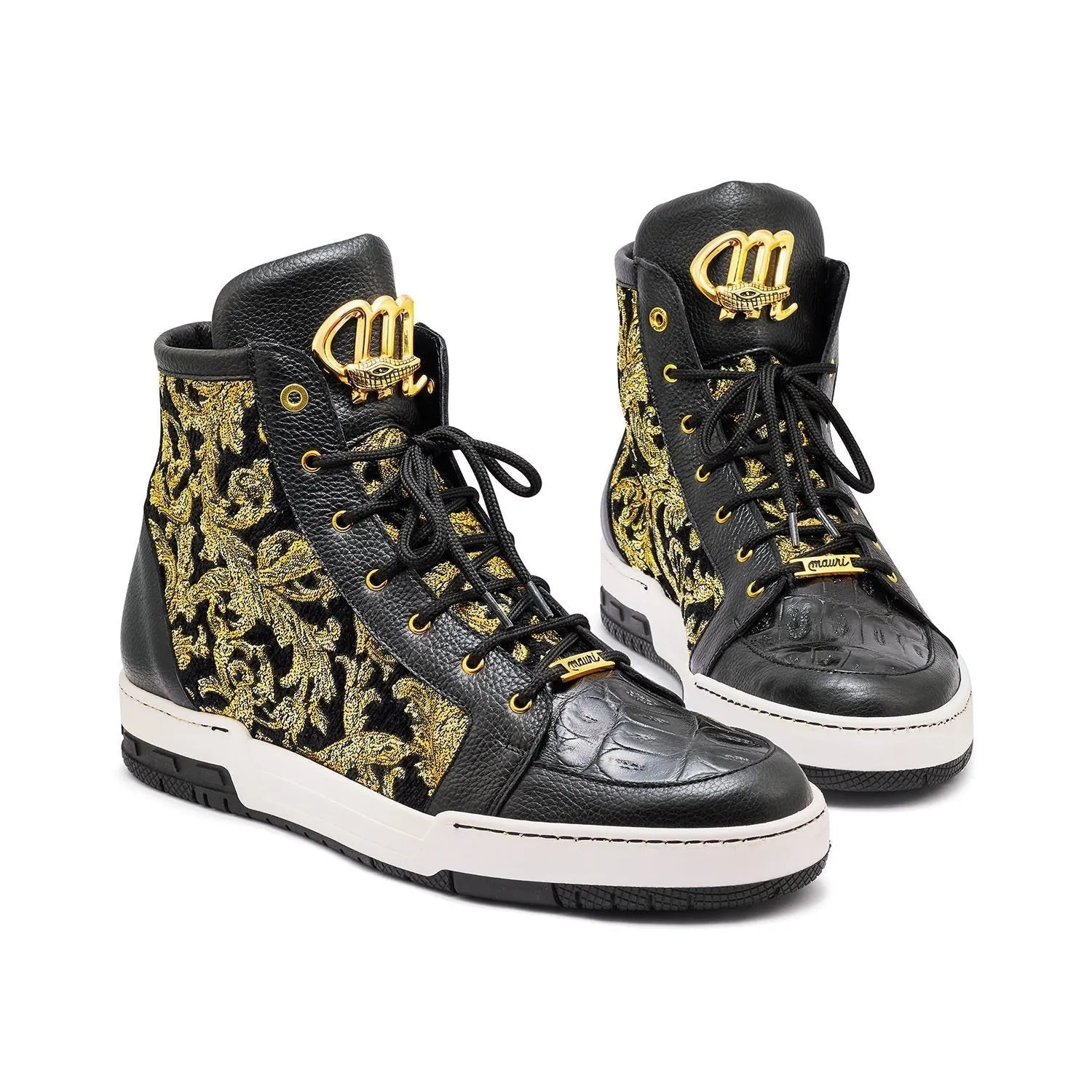 Mauri 8437 Kingpin Men's Shoes Black & Gold Exotic Crocodile / Didier Fabric High-Top Sneakers (MA5330)