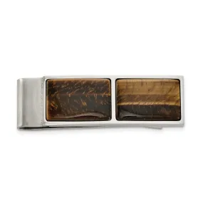 Men's Stainless Steel Polished Brown Tiger's Eye Fold Over Money Clip