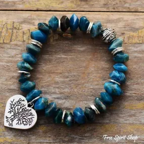 Natural Apatite Tree of Life & Heart Bead Bracelet