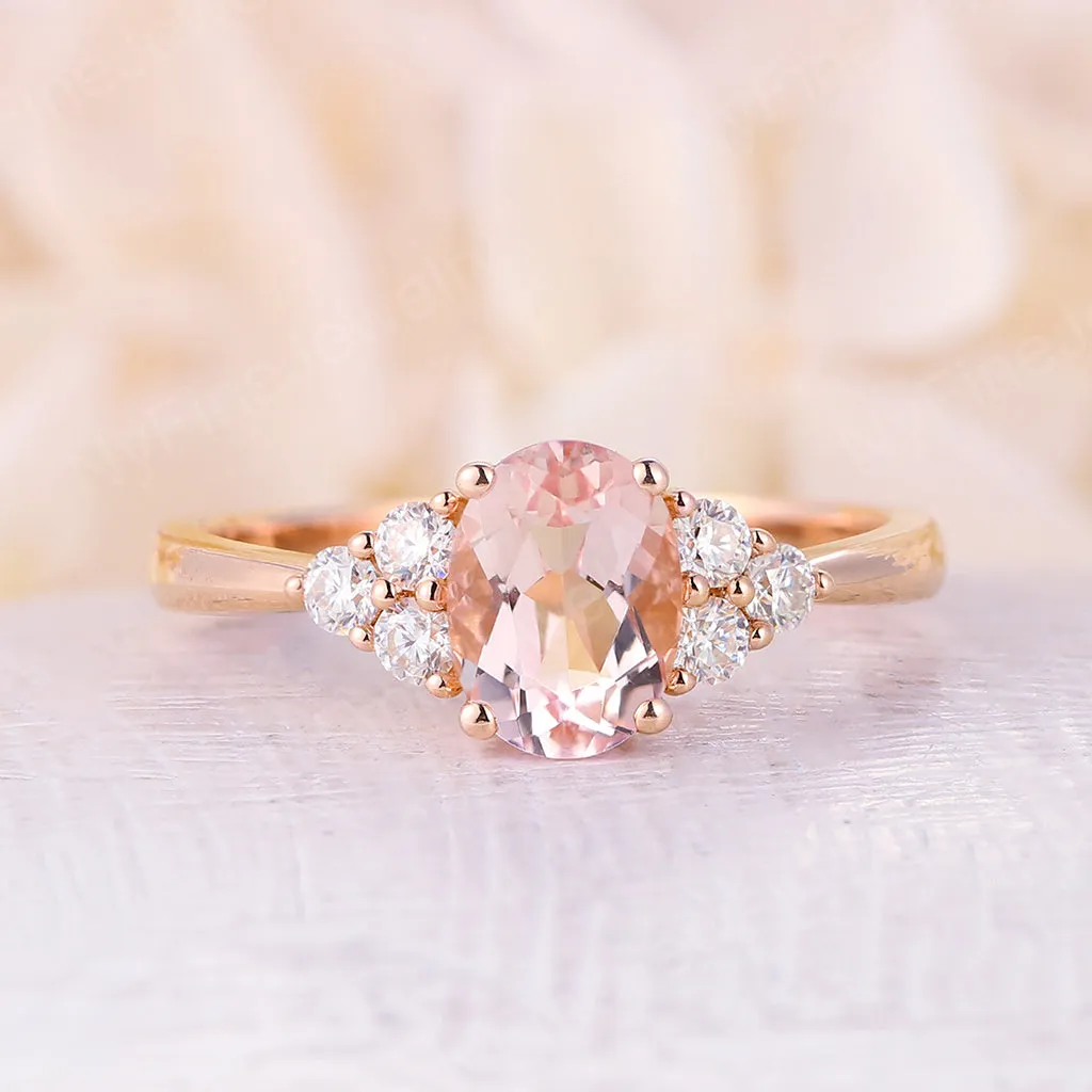 Oval Pink Morganite Rose Gold Cluster Engagement Ring