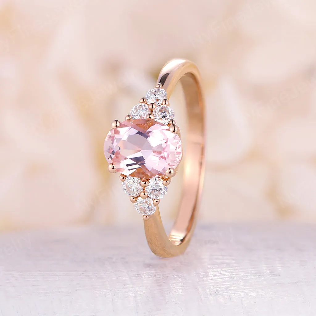 Oval Pink Morganite Rose Gold Cluster Engagement Ring