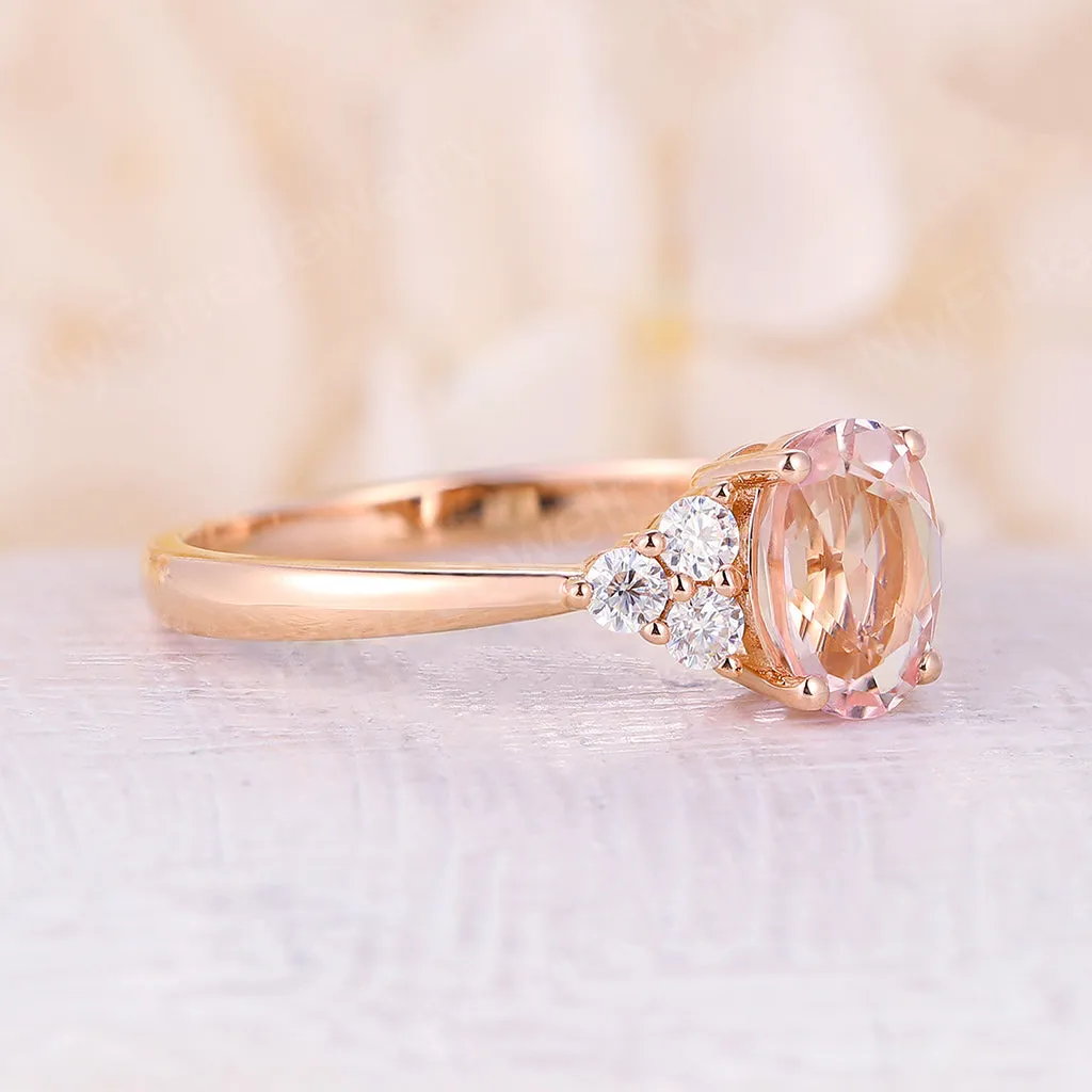 Oval Pink Morganite Rose Gold Cluster Engagement Ring