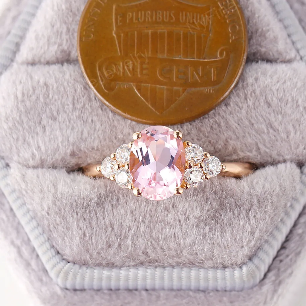 Oval Pink Morganite Rose Gold Cluster Engagement Ring