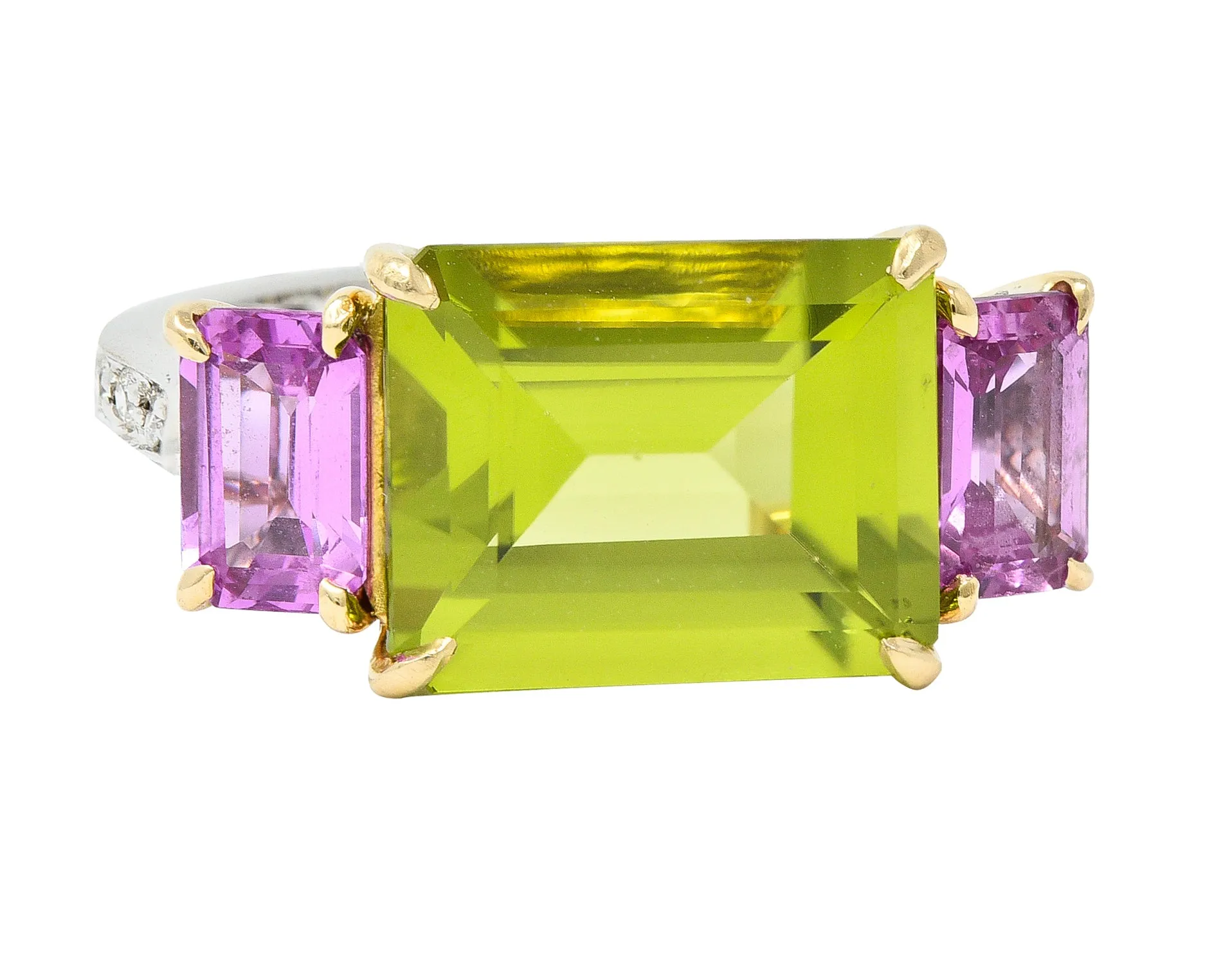 Paolo Costaglio Contemporary 10.45 CTW Diamond Peridot Pink Sapphire 18 Karat Two-Tone Gold Three Stone Florentine Ring