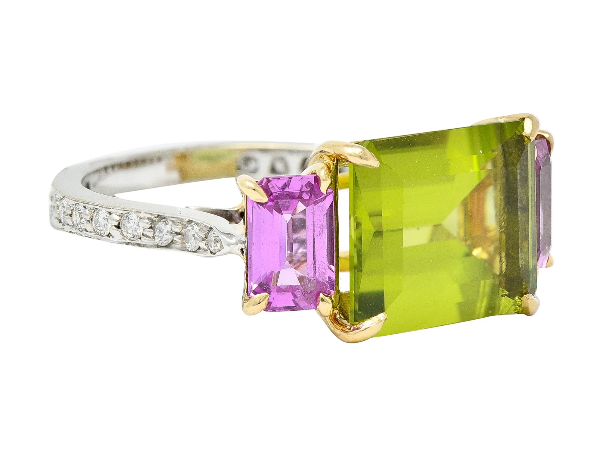 Paolo Costaglio Contemporary 10.45 CTW Diamond Peridot Pink Sapphire 18 Karat Two-Tone Gold Three Stone Florentine Ring