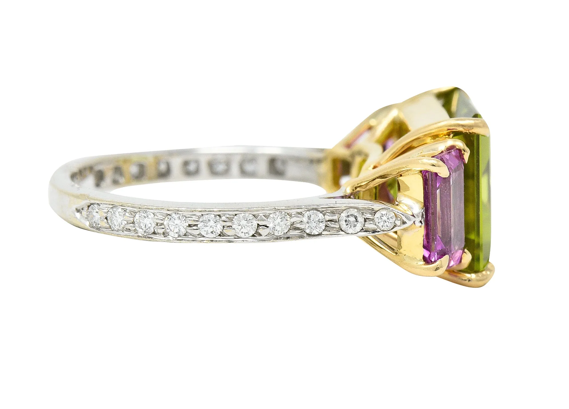 Paolo Costaglio Contemporary 10.45 CTW Diamond Peridot Pink Sapphire 18 Karat Two-Tone Gold Three Stone Florentine Ring