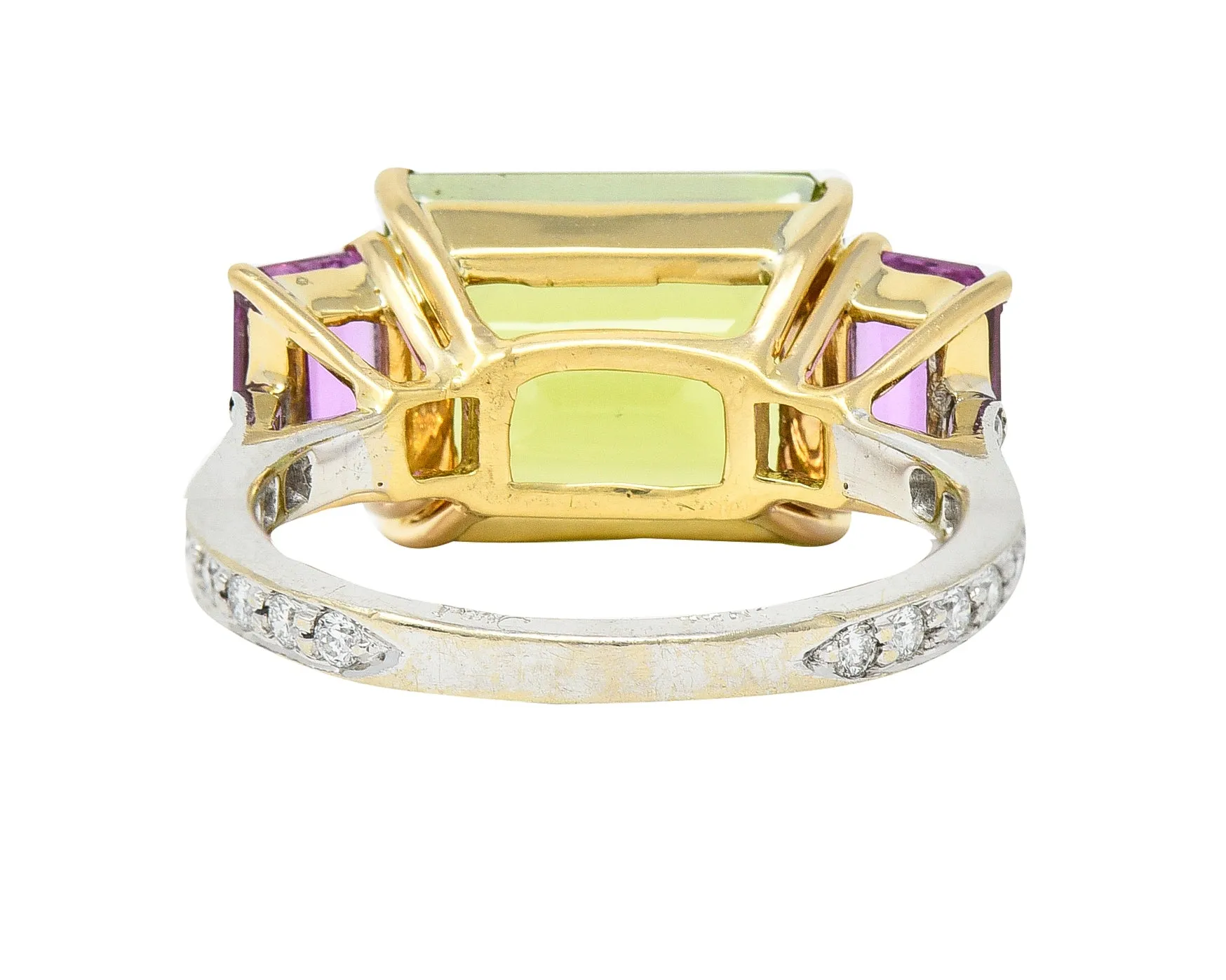 Paolo Costaglio Contemporary 10.45 CTW Diamond Peridot Pink Sapphire 18 Karat Two-Tone Gold Three Stone Florentine Ring