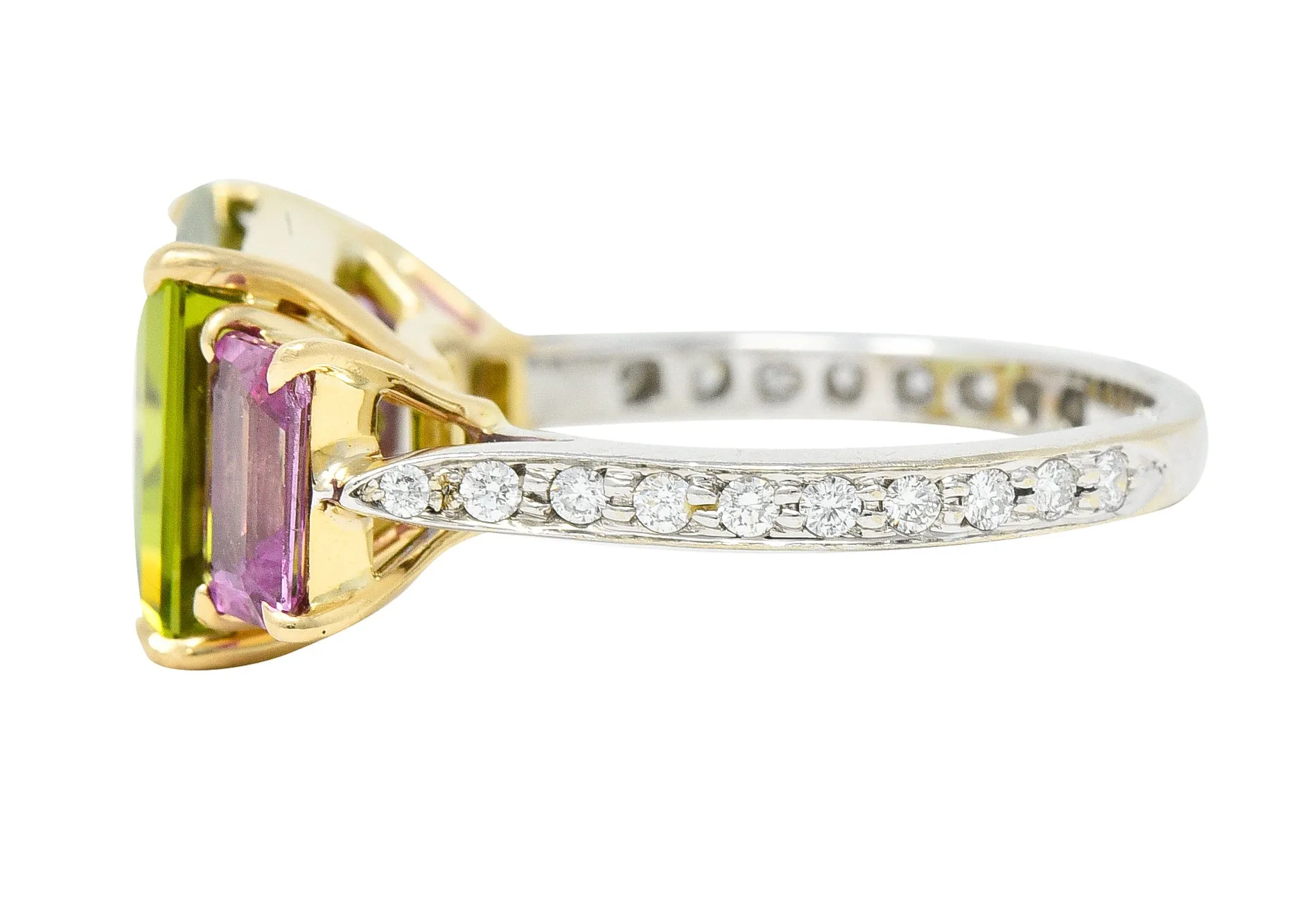 Paolo Costaglio Contemporary 10.45 CTW Diamond Peridot Pink Sapphire 18 Karat Two-Tone Gold Three Stone Florentine Ring