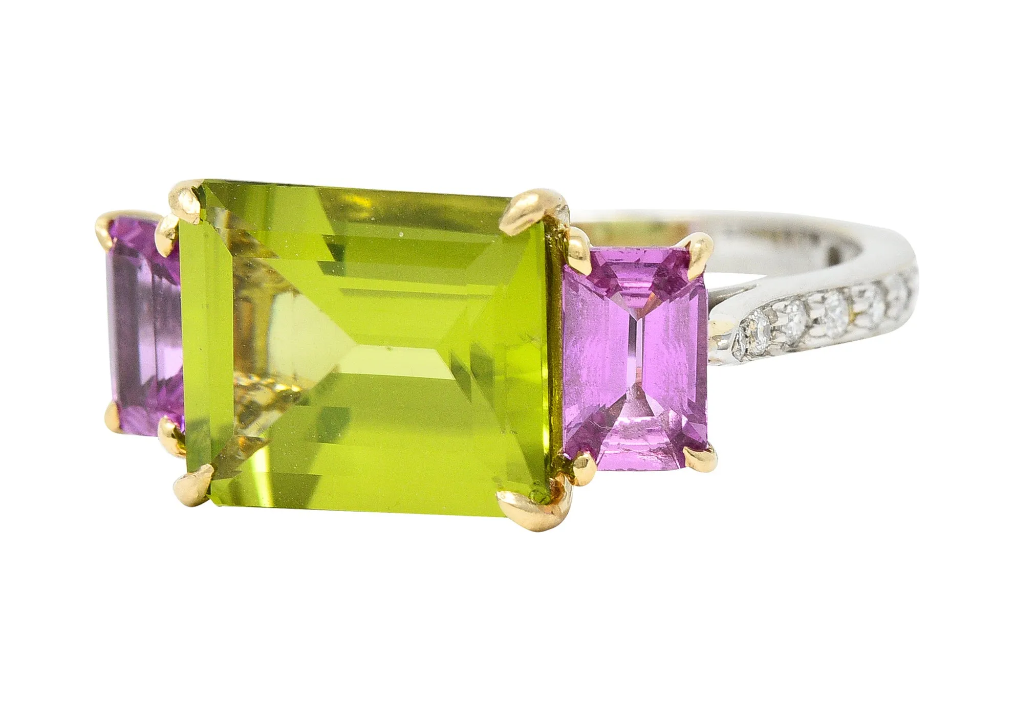 Paolo Costaglio Contemporary 10.45 CTW Diamond Peridot Pink Sapphire 18 Karat Two-Tone Gold Three Stone Florentine Ring