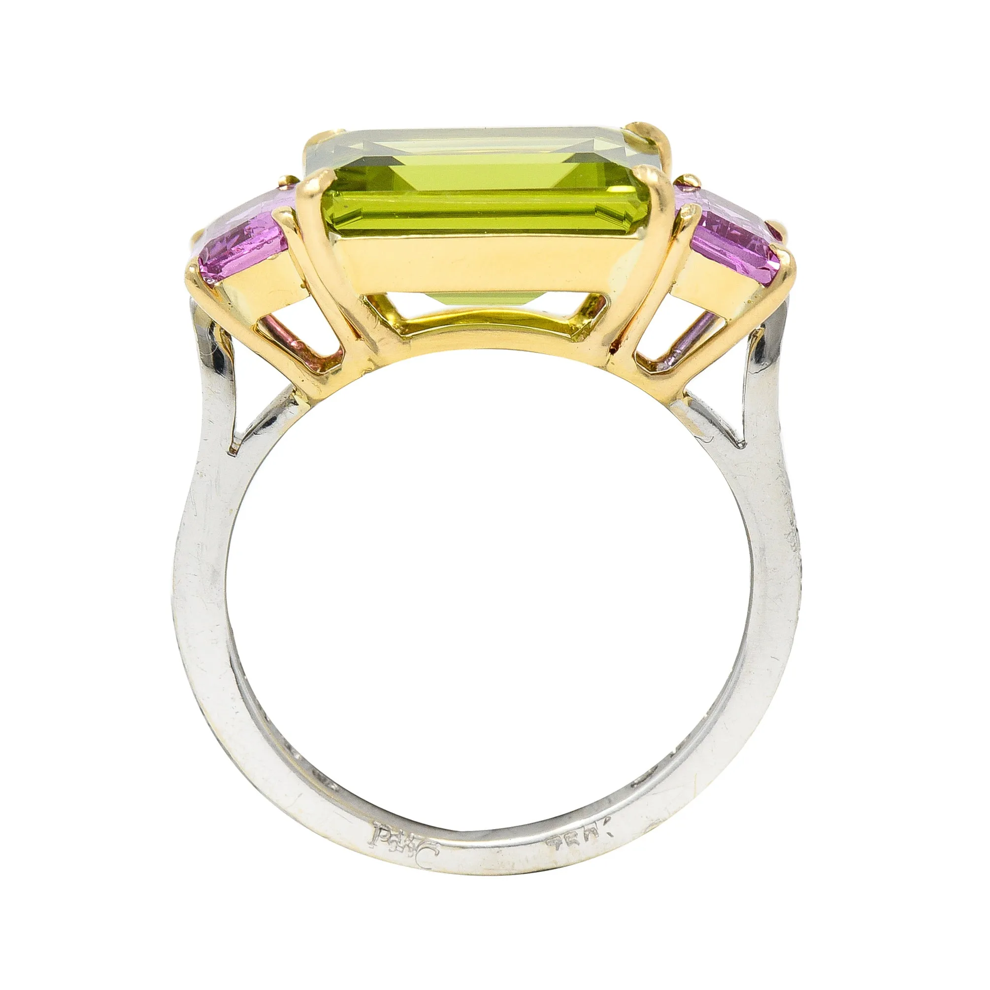 Paolo Costaglio Contemporary 10.45 CTW Diamond Peridot Pink Sapphire 18 Karat Two-Tone Gold Three Stone Florentine Ring