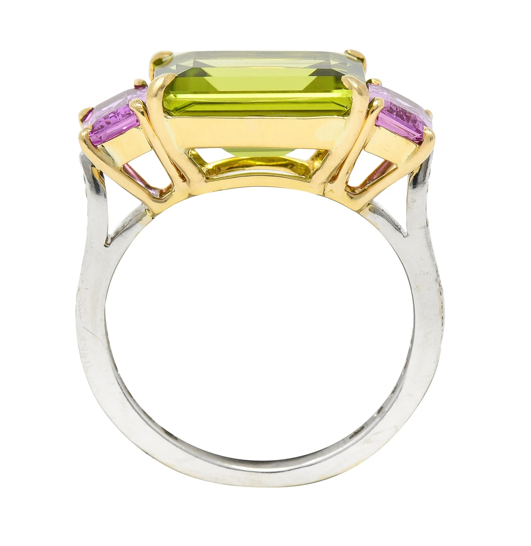 Paolo Costaglio Contemporary 10.45 CTW Diamond Peridot Pink Sapphire 18 Karat Two-Tone Gold Three Stone Florentine Ring