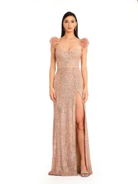 Peach Sequin High Slit Gown